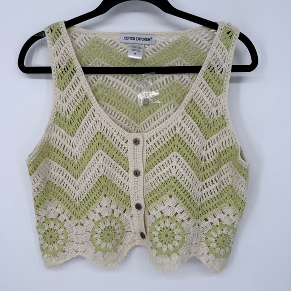 Cotton Emporium Tops - COTTON EMPORIUM BUTTON FRONT CROCHET VEST TANK MEDIUM NWT IVORY GREEN